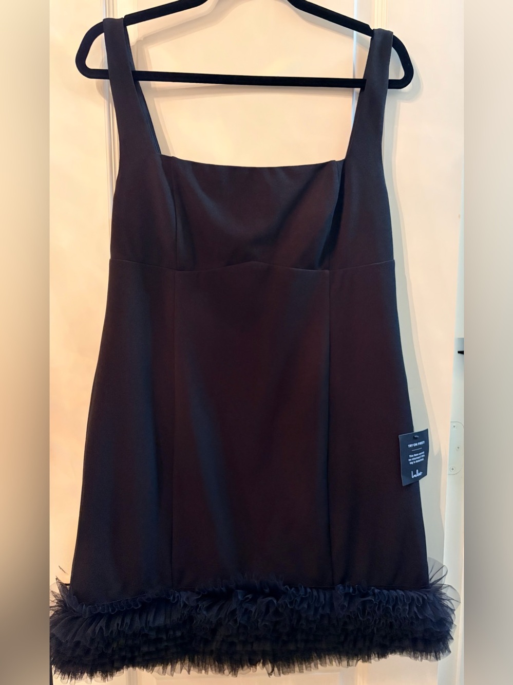 Lulu's Black Square-Neck Mini Dress with Tulle Layered Hem, NWT, XL